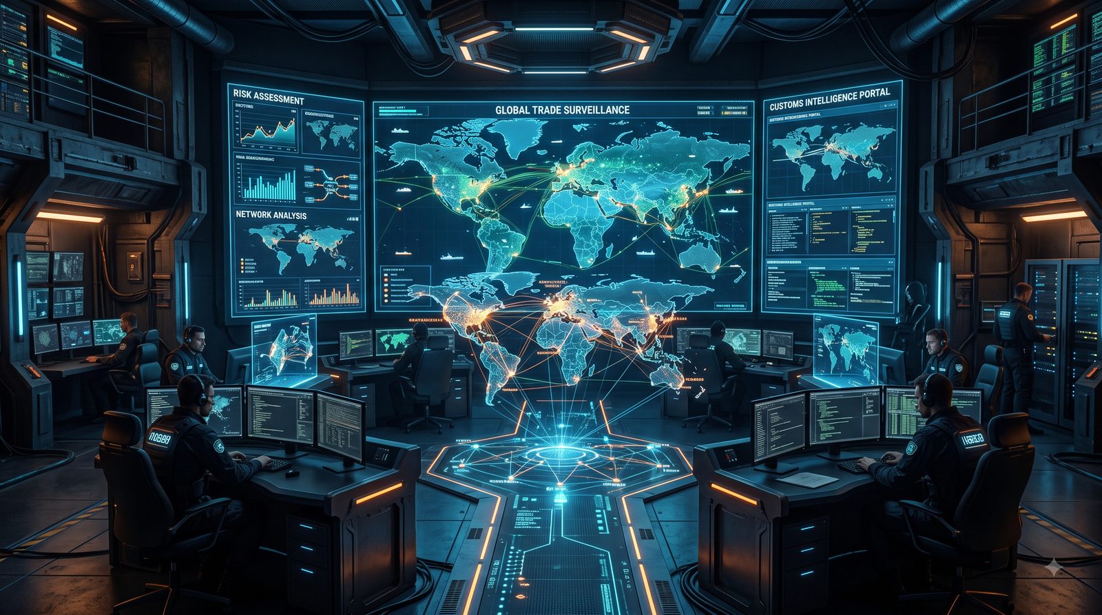 Trung tâm giám sát dữ liệu Global Trade Surveillance với Risk Assessment và Customs Intelligence Portal, minh họa hệ thống Detective Border ứng dụng AI của hải quan Mỹ