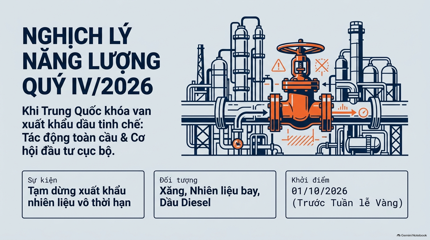Trung Quốc đồng loạt tạm dừng xuất khẩu các sản phẩm dầu tinh chế (xăng, nhiên liệu bay, dầu diesel) Nghich Ly Nang Luong Quy IV 2026 Slide 1
